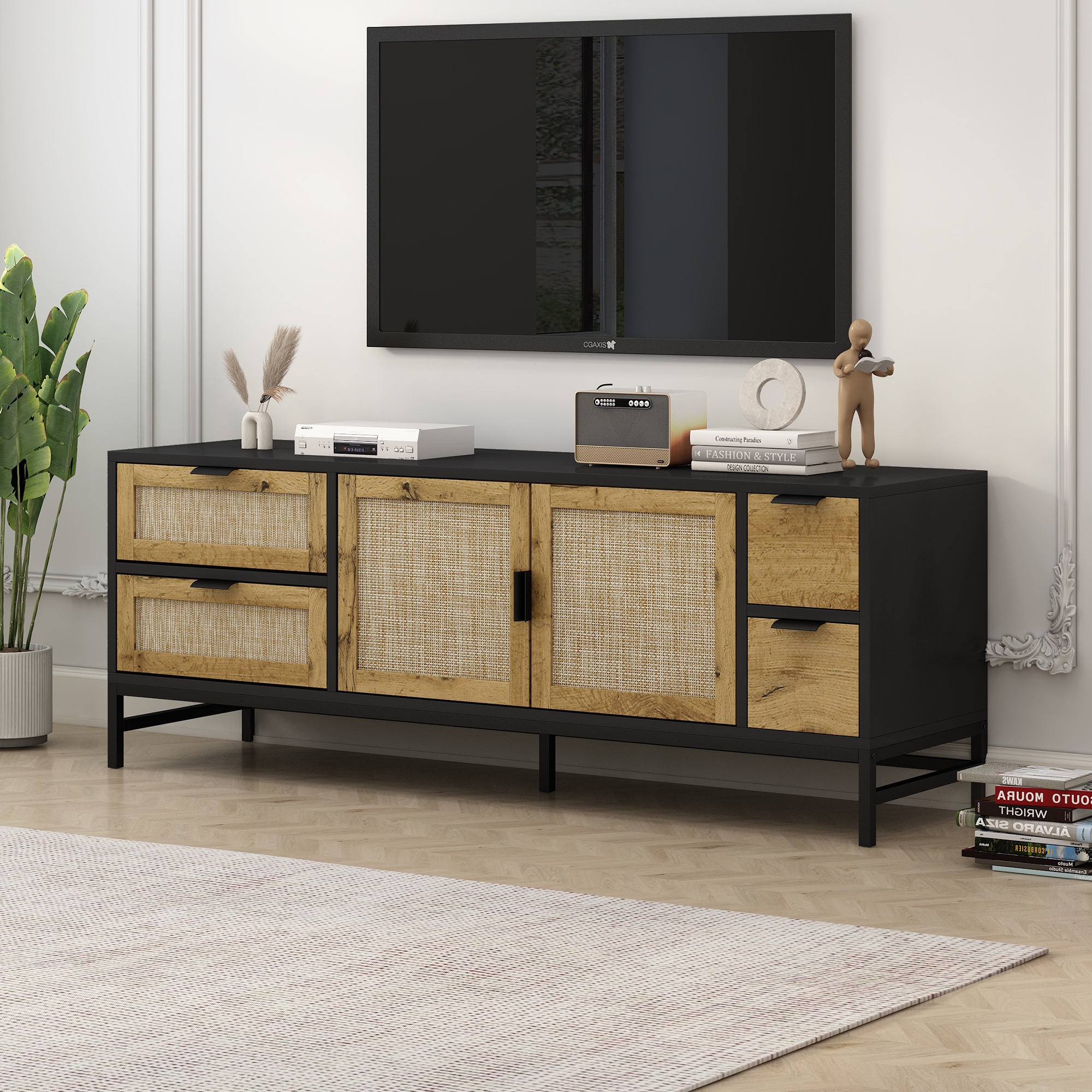 Black Beige Rattan TV Stand Media Cabinets for TVs up to 65